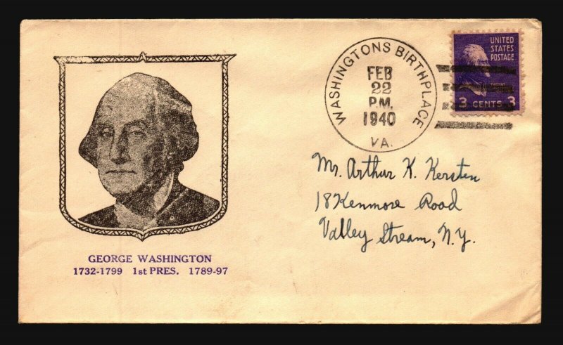 US 1940 Washington's Birthplace VA CDS / Cacheted / Cnr Crease - L4790