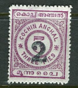 INDIA COCHIN; 1909 early local surcharged issue . Mint hinged 2/3p. value