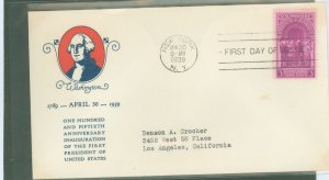 US 854 1939 inauguration of president washington on an addressed fdc with a linprint cachet