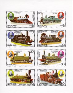 Nagaland 1979  Locomotives -Sir Rowland Hill Sheetlet (8) IMPERFORATED MNH