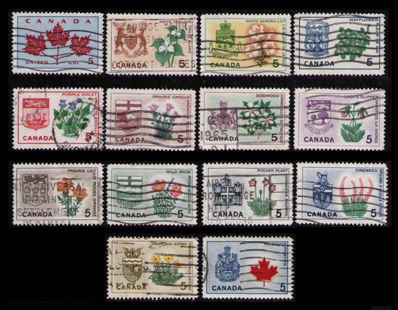 CANADA 1964 #417-429a 5¢ FLORAL EMBLEMS CPL SET OF 14 USED CAT $2.80, NICE LOT