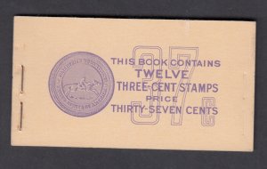 BK102 37¢ 3¢ 2½mm Complete Booklet, with partial plate #, Mint NH, Scott $20