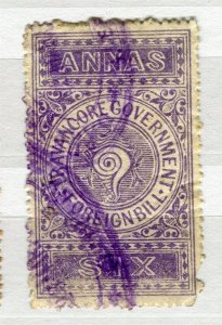 INDIA; TRAVANCORE early 1900s FPREIGN BILL local issue used 6a. value