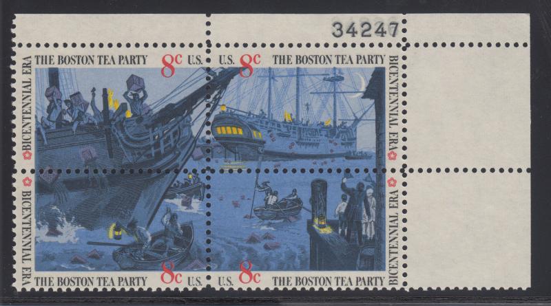 US Sc 1480-1483 MNH. 1973 8c Boston Tea Party, Plate Block w/ 2 diff Plate #s