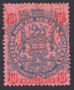 Rhodesia Sc# 39 Used 1896 10sh slate & carmine, rose Coat of Arms