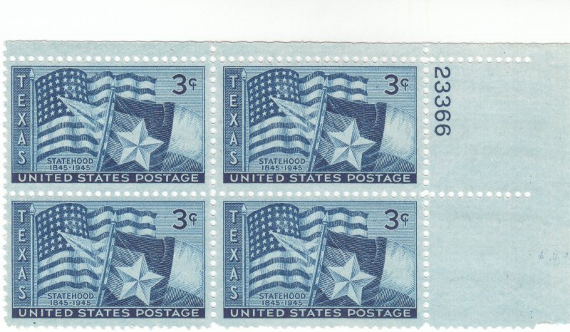 Scott # 938 - 3c Dark Blue- Texas Statehood Issue - plate block of 4 ...