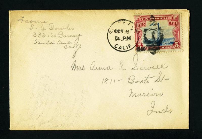 Air Mail Cover from Santa Ana, California  to Marion, Indiana dated 10-8-1930
