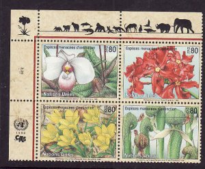 United Nations Geneva-Sc#283A-unused NH block-Flowers-Endangered Species-1996-