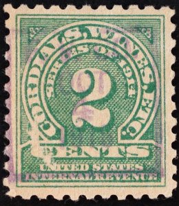 U.S. Used Stamp Scott #RE5 2c Cordials, Wine. Handstamp. Surface Scrape. Nice!