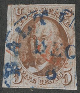 MALACK 1 VF, blue and red cancels, almost four margi..MORE.. b4516