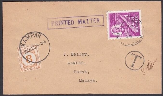 NORTH BORNEO TO PERAK MALAYA 1954 cover with 8c postage due at Kampar.......f802 