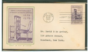 US 857 1939 3c Printing press/300th anniversary in the USA single, on an addressed first day cover with an unknown cachet.