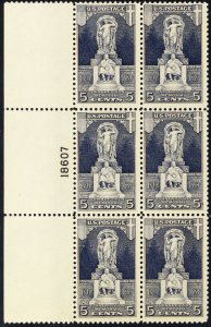 628, Mint VF NH 5¢ Plate Block of Six Stamps -- CV $82.50