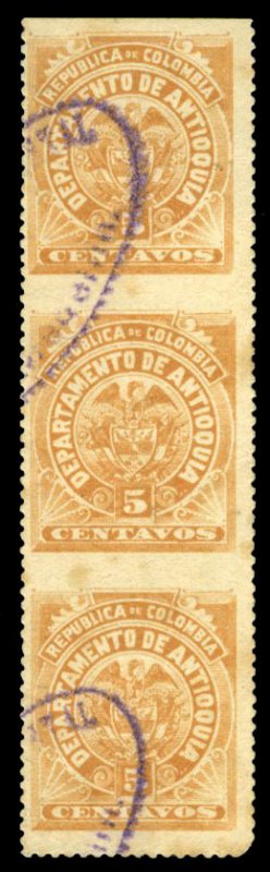 Colombia, Colombian States - Antioquia #104var, 1896 5c yellow buff, vertical...