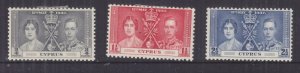 CYPRUS, 1937 Coronation set of 3, heavy hinged.