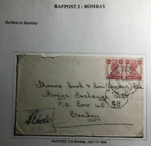 1944 India RAFPOST 3 censored Cover To Foreign Exchange Dept Bombay