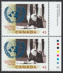 UNITED NATIONS 50th = FOIL Stamping =Right Pair Colour ID Canada 1995 #1584 MNH