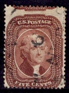 US Stamp #29 5c Brown Jefferson USED SCV $350. Huge shift shows stamp above.