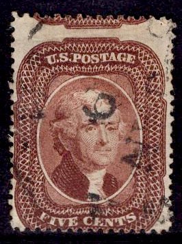 US Stamp #29 5c Brown Jefferson USED SCV $350. Huge shift shows stamp above.