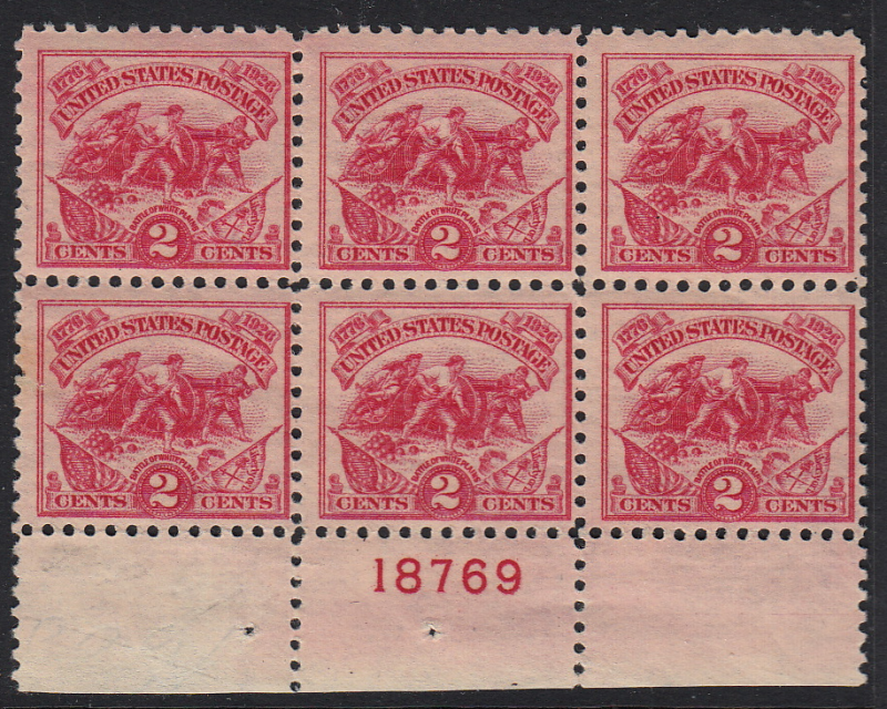 United States #629, White Plains block of 6, MNH