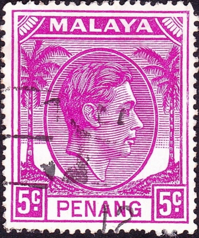 MALAYA PENANG 1952 KGVI 5c Bright Purple SG7 Used