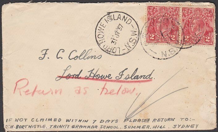 AUSTRALIA 1937 cover to LORD HOWE ISLAND with cds - returned................N599