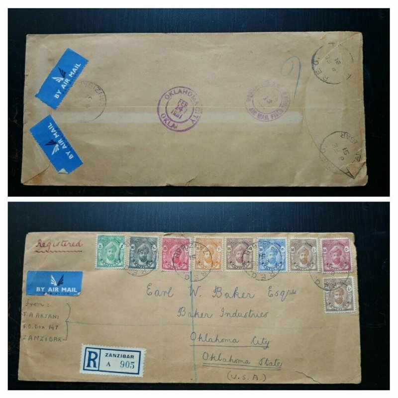 V. Rare Zanzibar “Unique Combinaison” 1951 “Inscrit” Postaly Utilisé Housse à