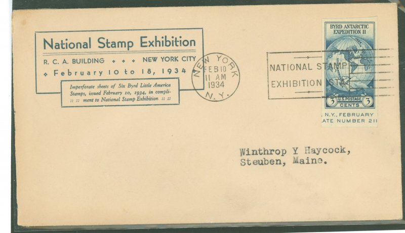 US 735a 1934 3c Byrd Antarctic Expedition II (single from the Farley imperf sheet of six) on an addressed (typed) first day cove