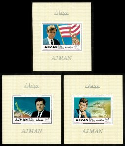 Ajman 1969 - Kennedy Brothers, JFK, Robert, Ted - Set of 3 Souvenir Sheets - MNH