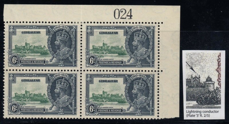 Gibraltar, SG 116c, Mint blk 4 (var MNH) Lightning Conductor variety