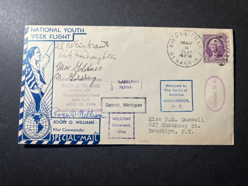 1934 USA Airmail Cover National Youth Week Flight Roger Williams Signature