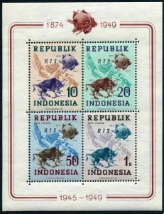 Indonesia Republic 65b,65c RIS ovrp,MNH.Mi Bl.2A-2B. UPU-75.1949.Banteng.Map.