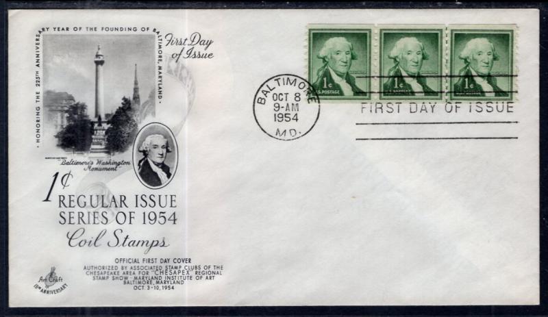 US 1054 George Washington Coil Line Pair Artcraft U/A FDC