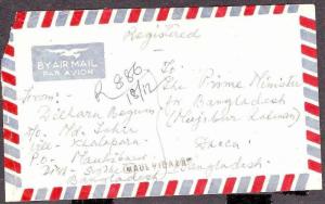 Pakistan Used In Bangladesh 1972 Regd. Cover Addressed to First Prime Ministe...