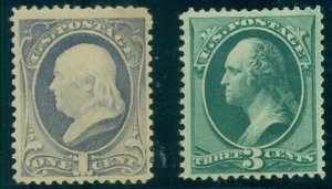 US #206-7, 1¢ & 3¢ re-engraved, LH & no gum, nice centering, Scott $97.50