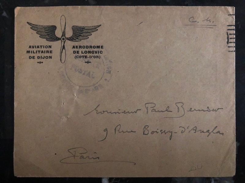 1930 Dijon France Military airmail Stampless Cover To Paris