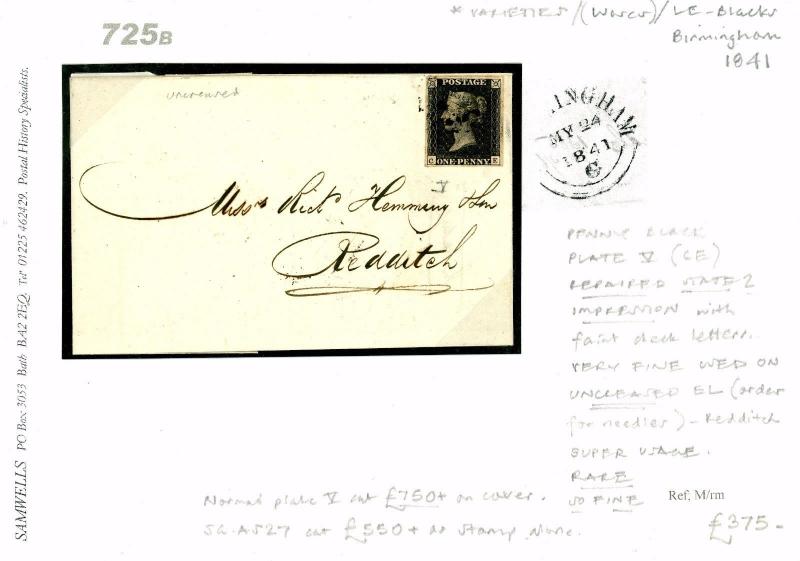 DB725b 1841 1d Penny Black Cover Plate V State 2 Repaired Impression Birmingham