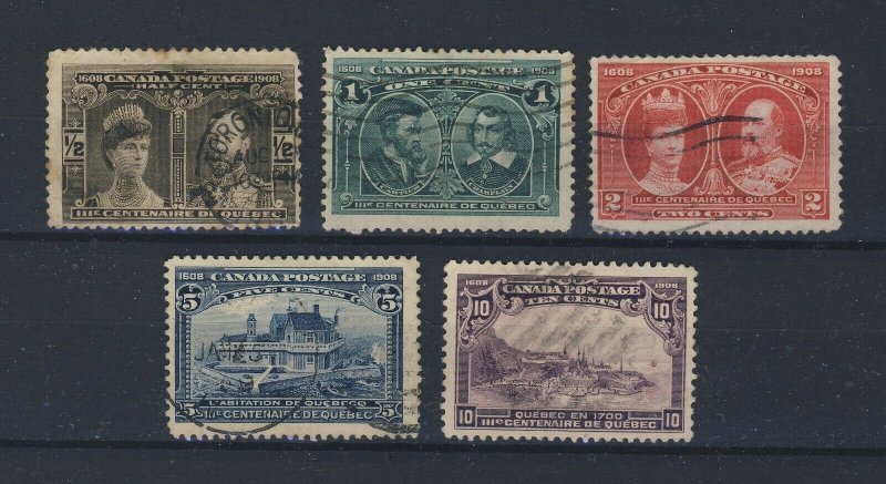 5x 1908 Quebec Used Tercent. stamps 1/2c-1c-2c-5c-10c Guide Value = $275.00