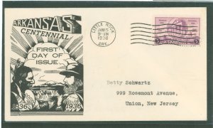 US 782 1936 3c Arkansas Statehood Centennial single on an addressed, typed, FDC with a Dyer Cachet