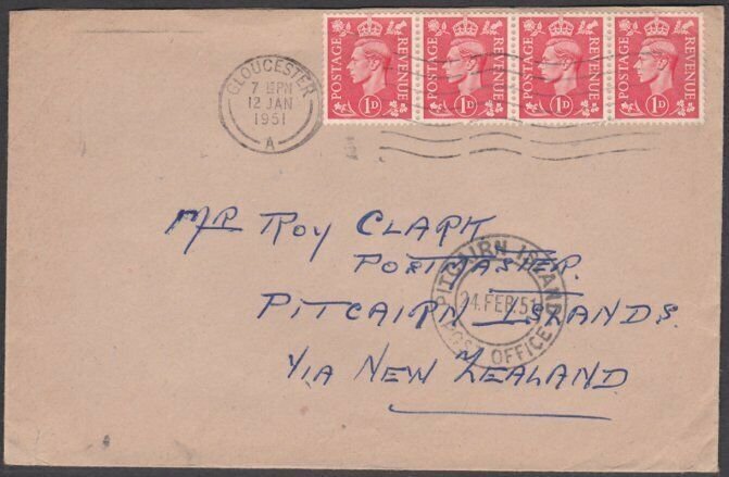 PITCAIRN 1951 inwards cover from GB with cds on front.......................M526 