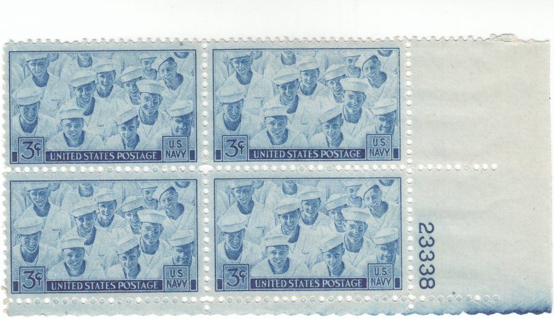 Scott # 935 - 3c Blue  - Navy Issue -  plate block of 4 - MNH