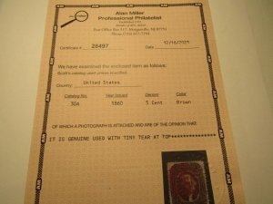 US Stamps, Scott #30A Used 1860, Red Grid cancel (CV $375), A.Miller Certificate