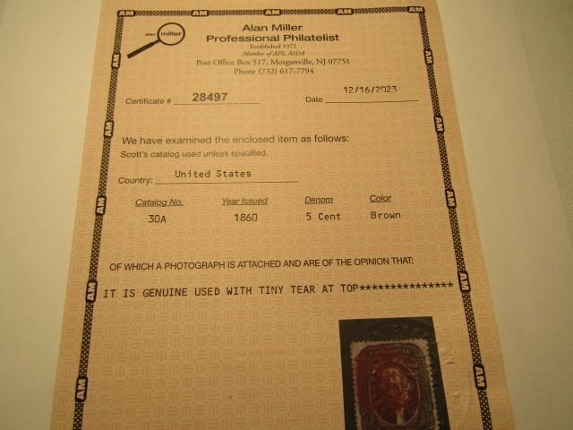 US Stamps, Scott #30A Used 1860, Red Grid cancel (CV $375), A.Miller Certificate
