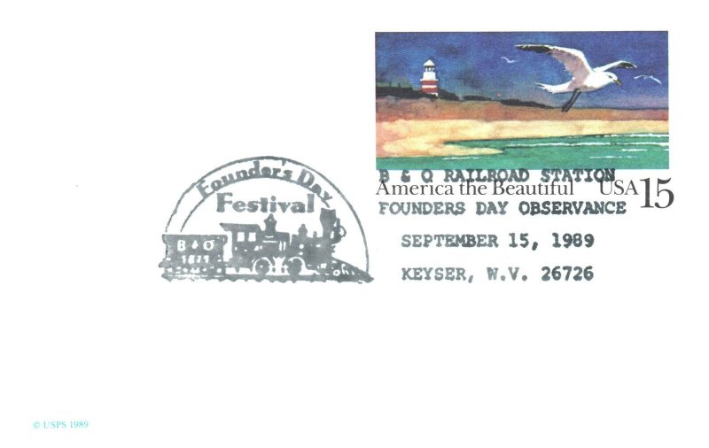 US SPECIAL PICTORIAL CANCEL POSTAL CARD FOUNDER'S DAY FESTIVAL B&O RAILROAD 1989
