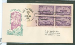 US 838 1938 3c Iowa Territory Centennial, Plt.Blk. Of 4 On An Addressed, Typed FDC Wtih An Ioor Cachet