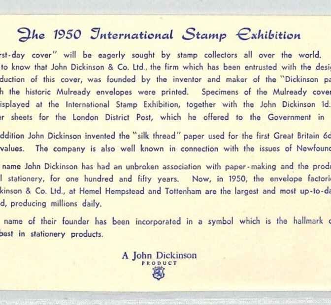 GB Postcard MULREADY DERIVATIVE 1950 Stamp Exhibition DICKINSON Advert XE64