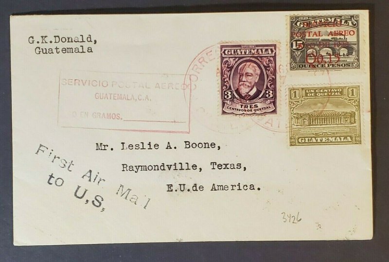 1929 Guatemala Raymondville Texas First Air Mail to United States Air Mail Cover