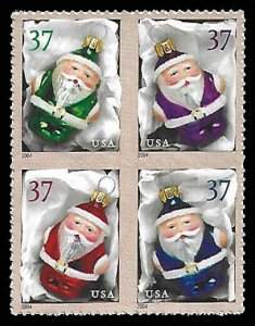 PCBstamps   USS #3883/3886a Block $1.48(4x37c)Santa Ornaments, MNH, (4)