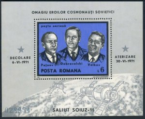 Romania C184, MNH. Michel 2938 Bl.85. In Memory of Russian Cosmonauts, 1971.