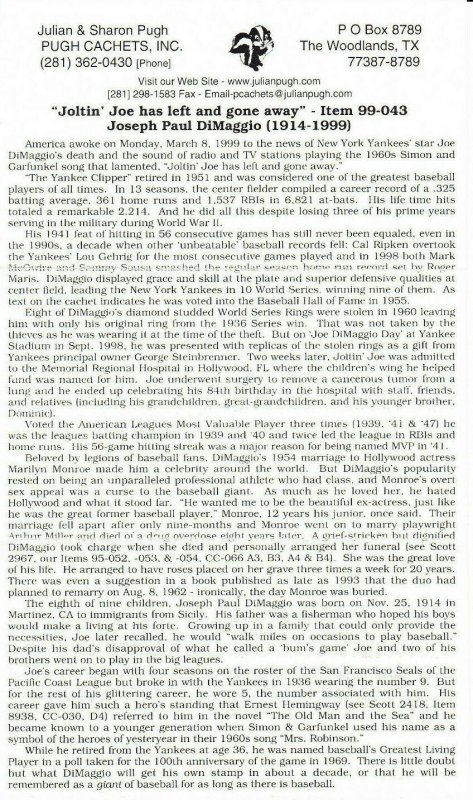 Pugh Hand Painted Joe Dimaggio Death Date Cancel #2046 #2967 Enclosure1989 